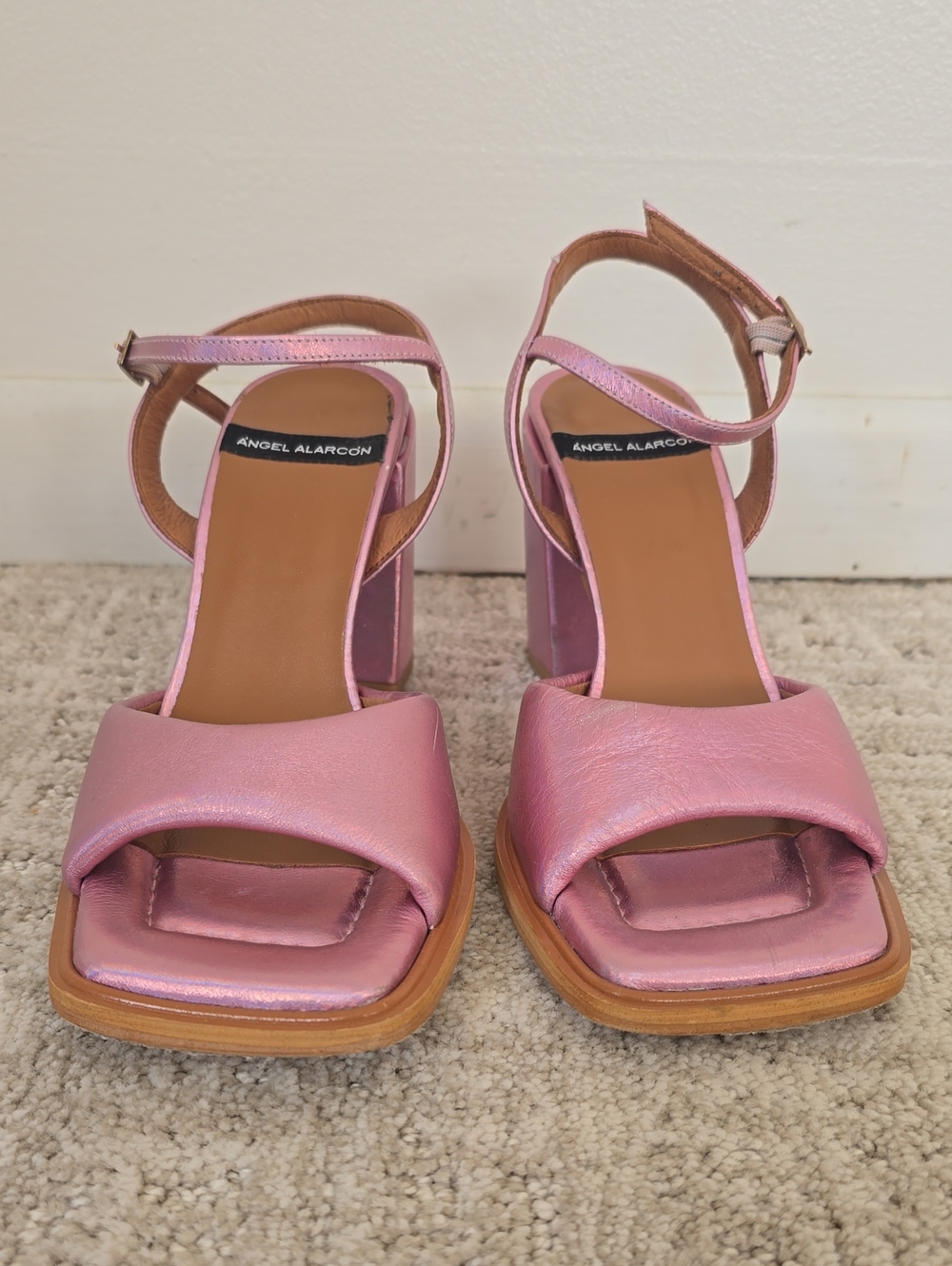 Angel Alarcon | Pink Metallic Block Heel Sandals